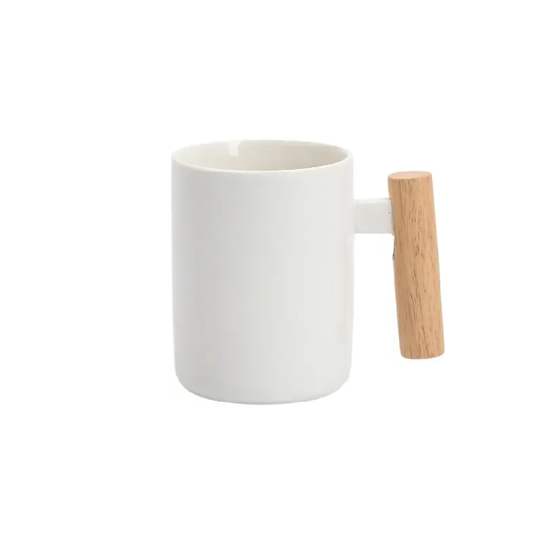 Taza Blanca Asa de Madera